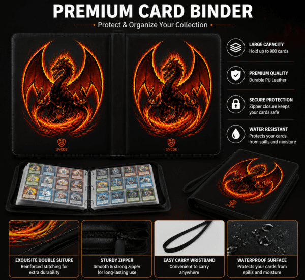 UVCDE 9-Pocket Card Binder with Sleeves - Premium TCG Trading Card Storage Album, Zippered Holder Holds Up to 900 Cards, Perfect for Organizing and Displaying Trading Cards